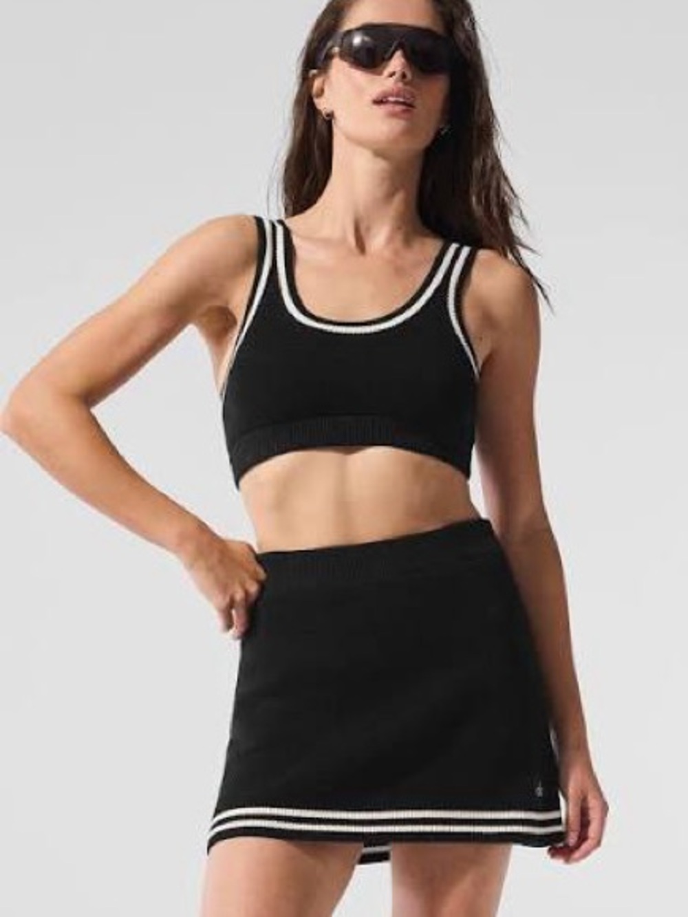 ALO Yoga NWT tennis club knit black ivory set bra and skirt